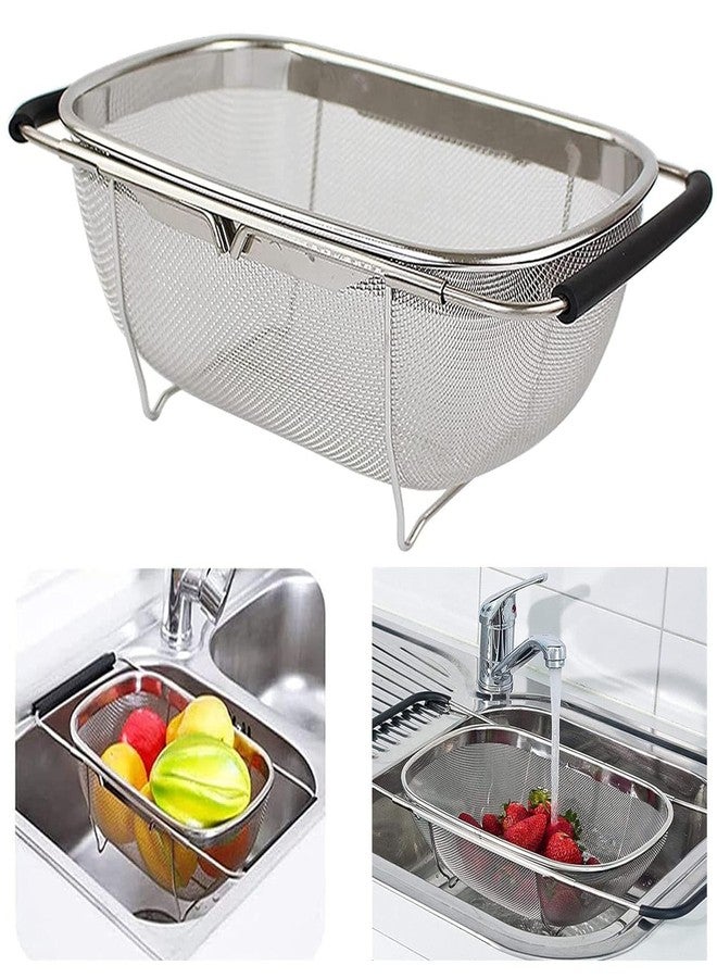 RIGJAK Large Over The Sink Colander, 18/8 Stainless Steel Fine Mesh Strainer Basket with Expandable Rubber Grip Handles - Strain, Drain, Rinse Fruits, Vegetables - Image 1